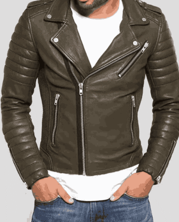 Olive Green Quilted Biker Men’s Leather Jacket