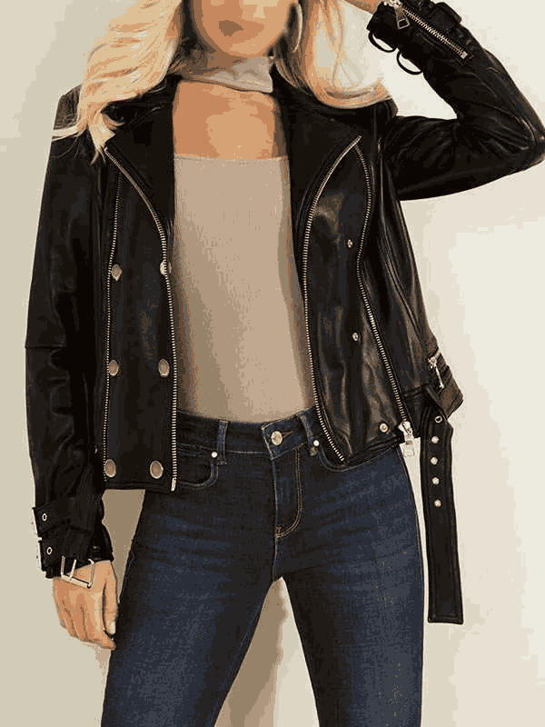 Stylish Women Belted Style Black Biker Leather Jacket