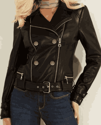 Stylish Women Belted Style Black Biker Leather Jacket