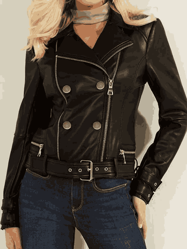 Stylish Women Belted Style Black Biker Leather Jacket