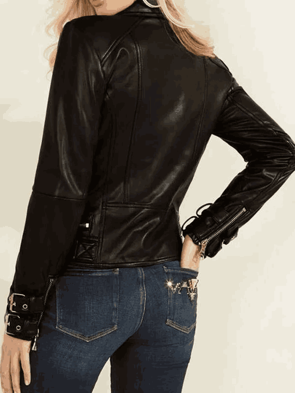 Stylish Women Belted Style Black Biker Leather Jacket