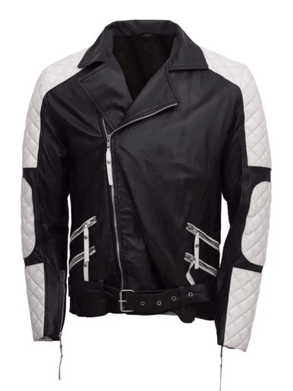 Men's Black and White Quilted Style Biker Leather Jacket