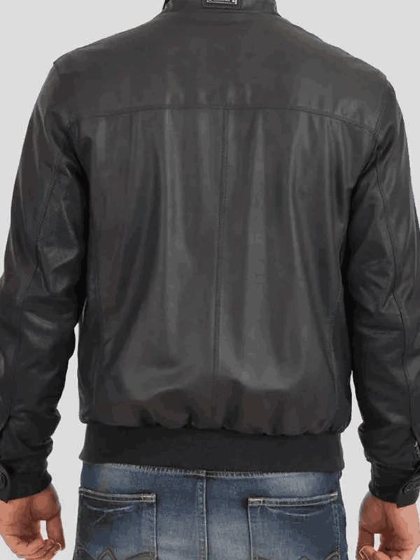 Men’s Black Bomber Standing Collar Real Leather Jacket