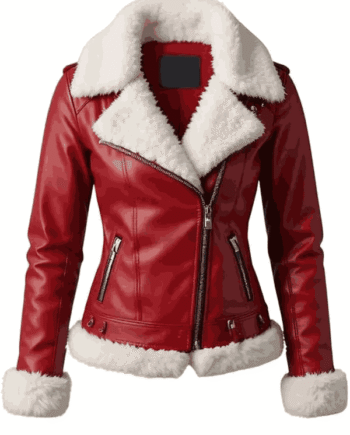 Women Red Christmas Shearling Leather Jacket with Fur Collar