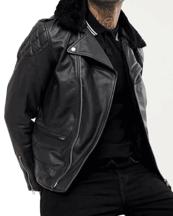 Men’s Black Biker Leather Jacket With Fur Collar
