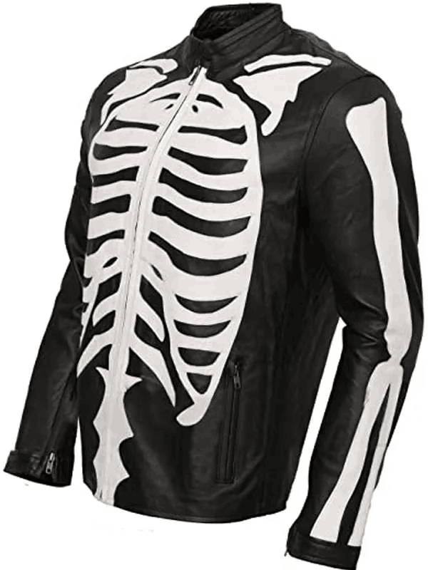 Halloween Party Skeleton Bones Black Leather Jacket