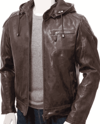 Quilted Brown Men's Hooded Real Leather Jacket