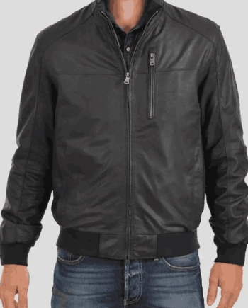 Men’s Black Bomber Standing Collar Real Leather Jacket
