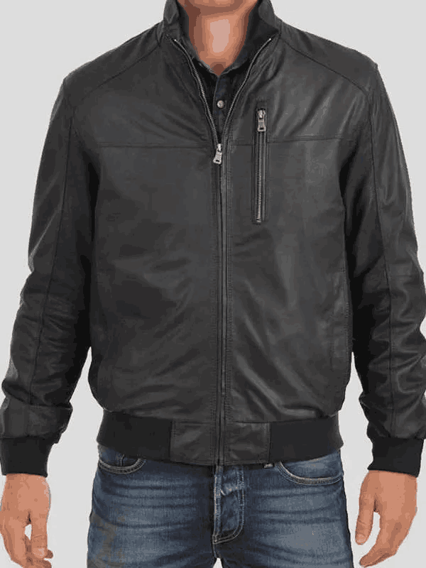 Men’s Black Bomber Standing Collar Real Leather Jacket