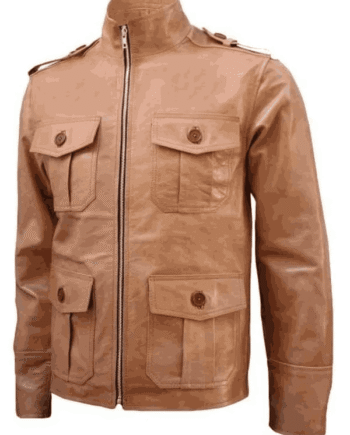 Four Pockets Men Brown Leather Jacket
