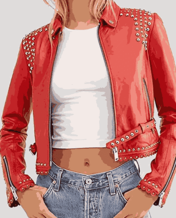 Studded Style Cropped Red Leather Jacket for Women
