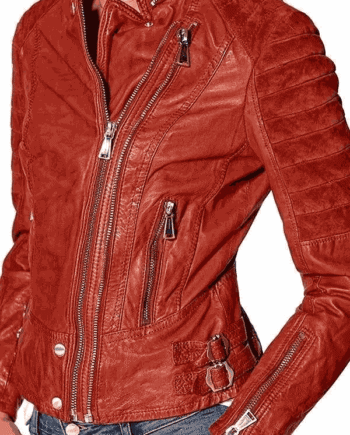 Women Classic Double Zipper Biker Brown Real Leather Jacket