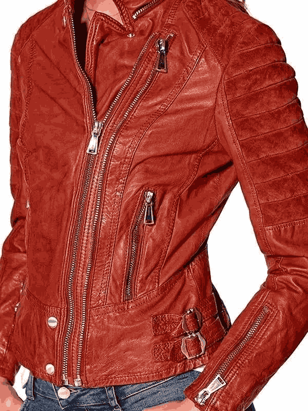 Women Classic Double Zipper Biker Brown Real Leather Jacket