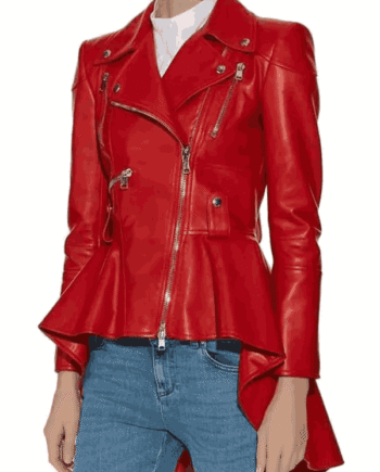 Women’s Biker Style Peplum Red Leather Jacket
