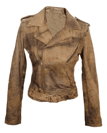 Women Distressed Brown Belted Style Leather Jacket